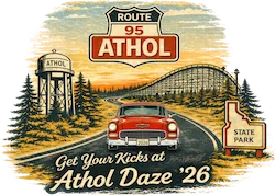Athol Daze 2026 "Get Your Kicks" logo with a Route 95 shield, water tower, roller coaster and classic car